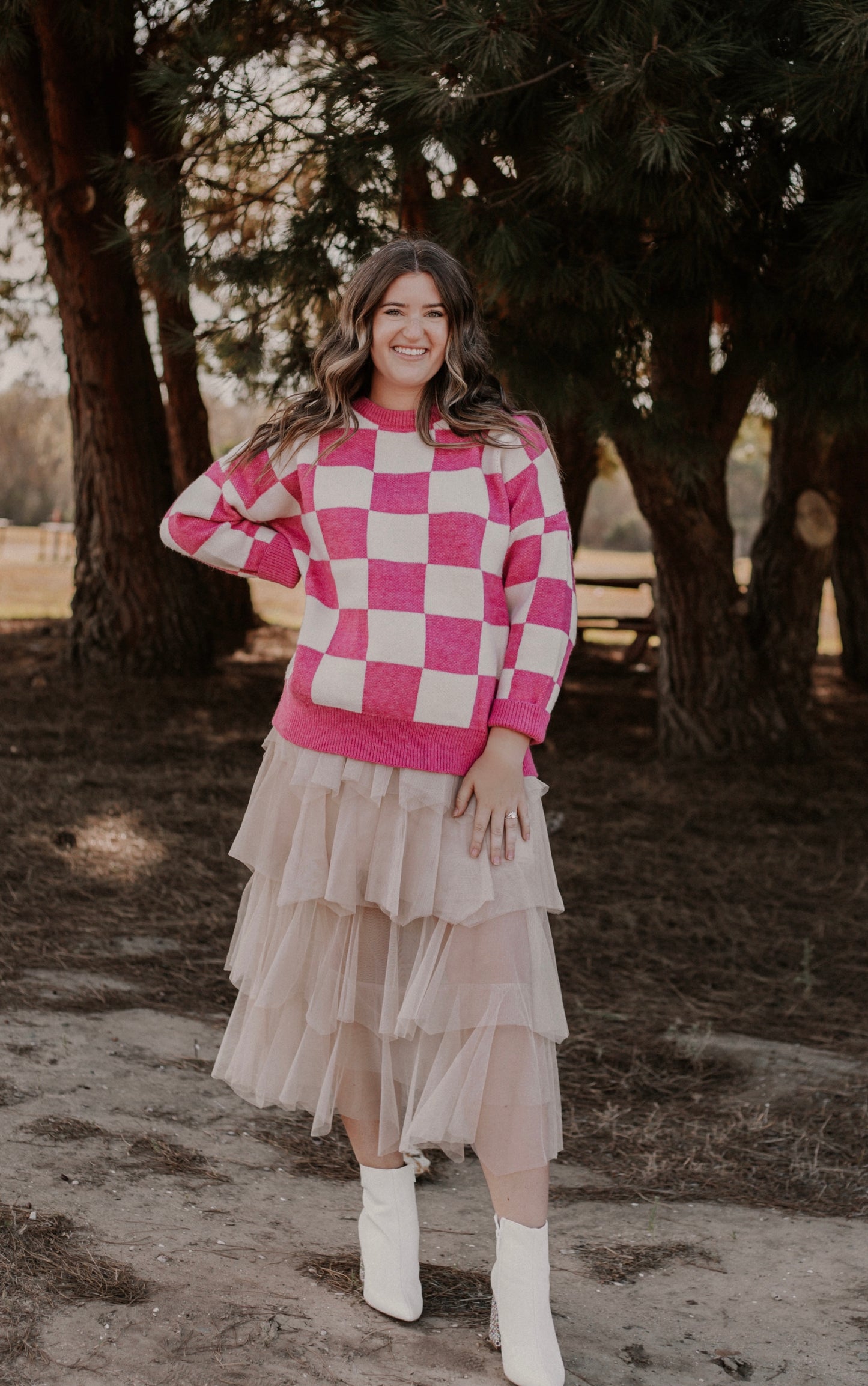 On Friday's We Wear PINK Checkered Sweater
